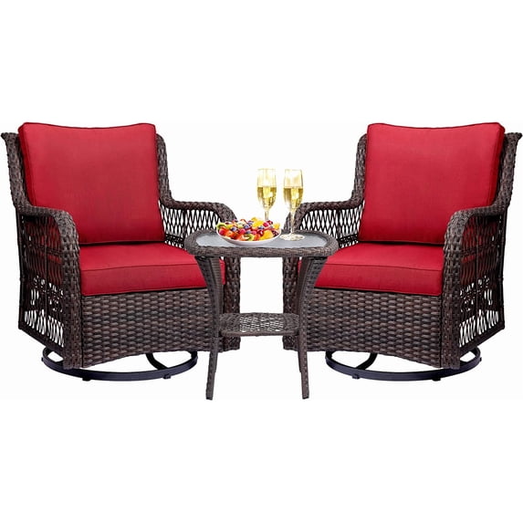 Outdoor Wicker Swivel Rocker Patio Set,360 Degree Swivel Rocking Chairs Elegant Wicker Patio Bistro Set with Premuim Cushions and Armored Glass Top Side Table for Backyard