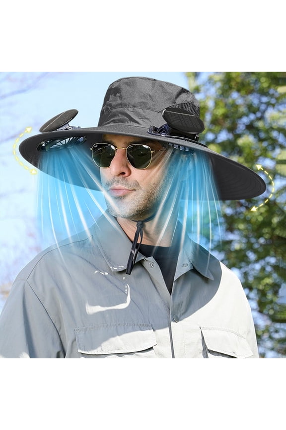 Outdoor Wide Brim Solar Fan Hat with Ice Sleeves Solar Fan Hat for Men Hat with Fans Solar Power 3-Speed Adjustable Beach Cap for Camping, Hiking