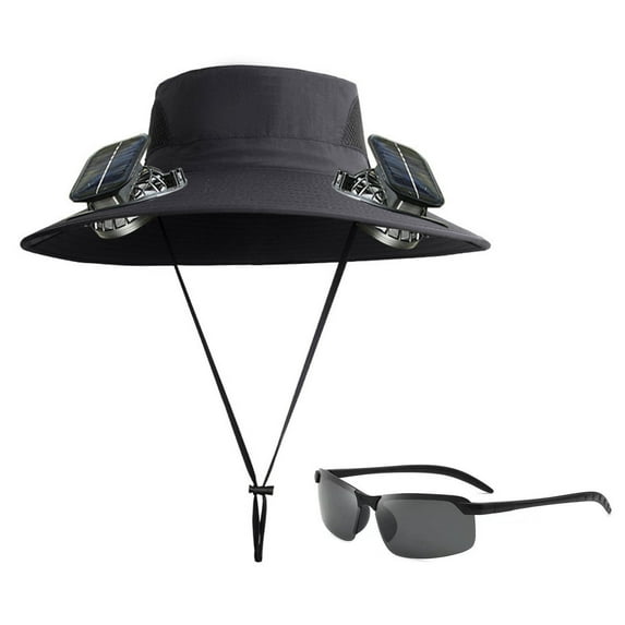 Outdoor Wide Brim Sun Hat with 2 Solar Fan Sun Bucket Hat for Men Women UPF 50+ Bucket Fishing & Beach Hat with Fan Built in, (with sunglasses)
