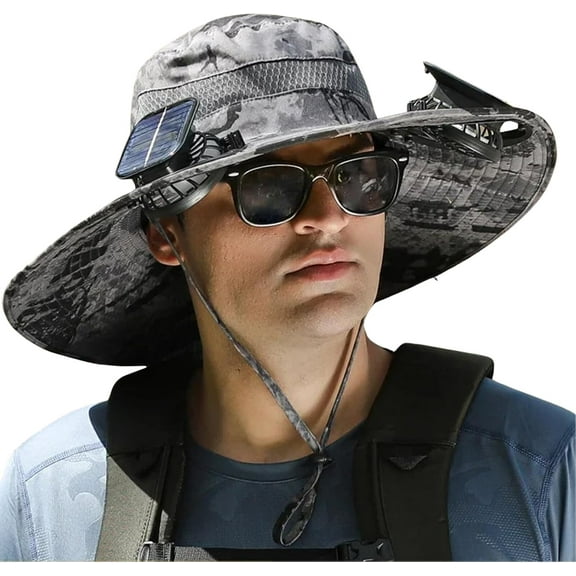 Outdoor Wide Brim Sun Hat with 2 Solar Fan Sun Bucket Hat for Men Women UPF 50  Bucket Fishing & Beach Hat with Fan Built in