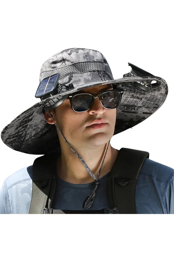 Outdoor Wide Brim Sun Hat with 2 Solar Fan Sun Bucket Hat for Men Women UPF 50+ Bucket Fishing & Beach Hat with Fan Built in