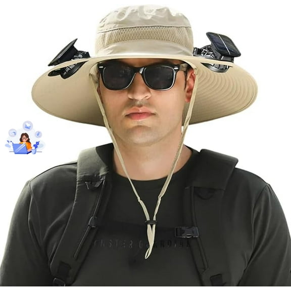 Outdoor Wide Brim Sun Hat with 2 Solar Fan Sun Bucket Hat for Men Women UPF 50+ Bucket Fishing & Beach Hat with Fan Built in