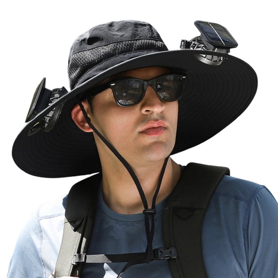 Outdoor Wide Brim Sun Hat with 2 Solar Fan Sun Bucket Hat for Men Women UPF 50+ Bucket Fishing & Beach Hat with Fan Built in
