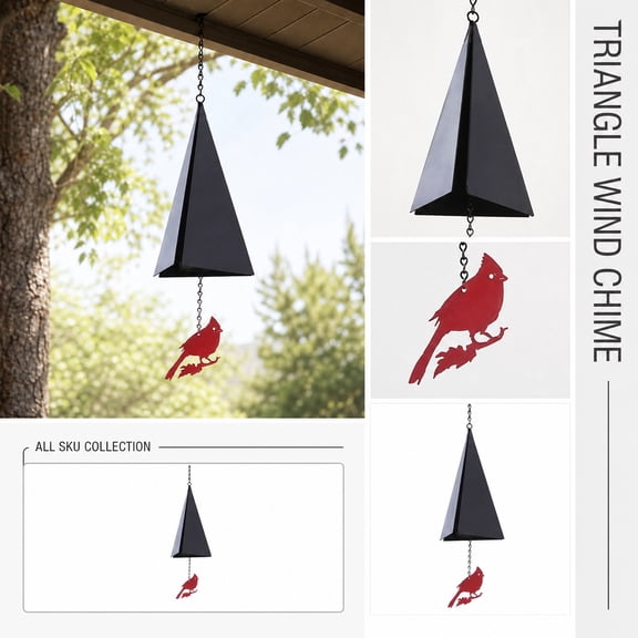 Outdoor Wind Chime, Metal Wind Chimes, Cardinal Wind Chimes, Hanging Garden Decor, 10 Inch Triangular Black Metal Wind Chime with Red Cardinal Accent for Backyard Yard Outside