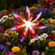 Outdoor Wind Spinner,Solar Flower Wind Spinner   62.2-Inch Colorful Metal Petal Garden Decor, LED Light,Dynamic Spinning Yard Art for Patio, Lawn & Garden