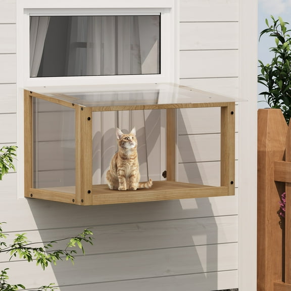 Outdoor Window Catio for Indoor Cats, Solid Wood Cat Window Perch with Acrylic Panels & Waterproof Roof, 360 View Birdwatching Box for Single Hung Windows 24-35in, Easy Assembly