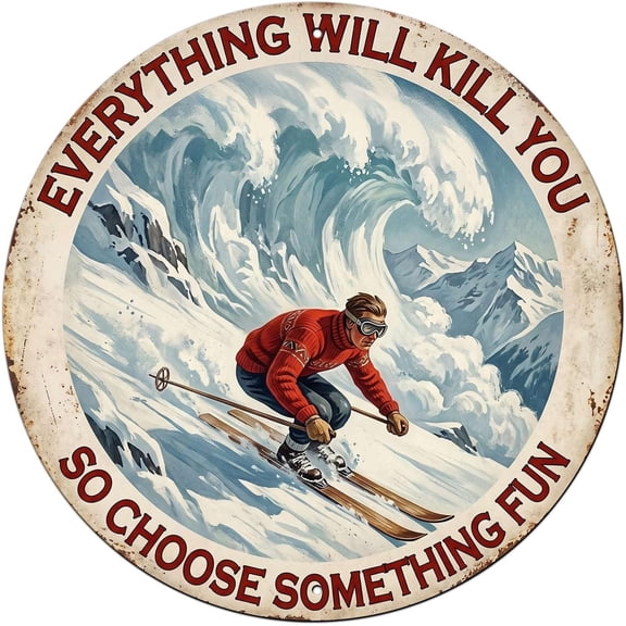 Outdoor Winter Adventure Round Tin Wall Decor Sign with Funny Quote, Mountain Metal Circle Sign for Wreaths, 8 x 8 Inch