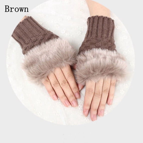 Outdoor Winter Autumn Knitted Sheep Wool Couples Fingerless Mittens Exposed Finger Wrist Gloves Faux Rabbit Fur BROWN