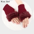 thumbnail image 1 of Outdoor Winter Autumn Knitted Sheep Wool Couples Fingerless Mittens Exposed Finger Wrist Gloves Faux Rabbit Fur WINE RED, 1 of 1
