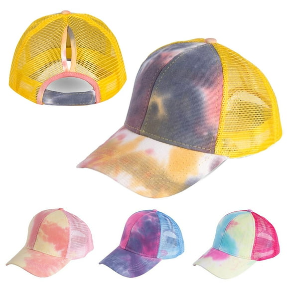 Outdoor Women Tie Dye Anti Sun Adjustable Cotton Baseball Cap Mesh Ponytail Hat