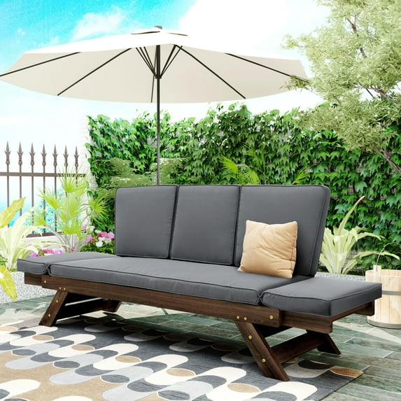 Outdoor Wood Adjustable Daybed, 3 Seater Day Bed Couch Sofa Chaise Lounge with Cushions and Pillows for Patio, Backyard, Garden (Gray)