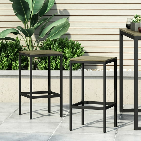 Outdoor Wood Bar Stools, Of 2. Gray And Black Color Scheme. Metal Frame With Slat Seat Footrest. 16" W X D 30" H 2 Stools. Style. Construction Slatted Seat.