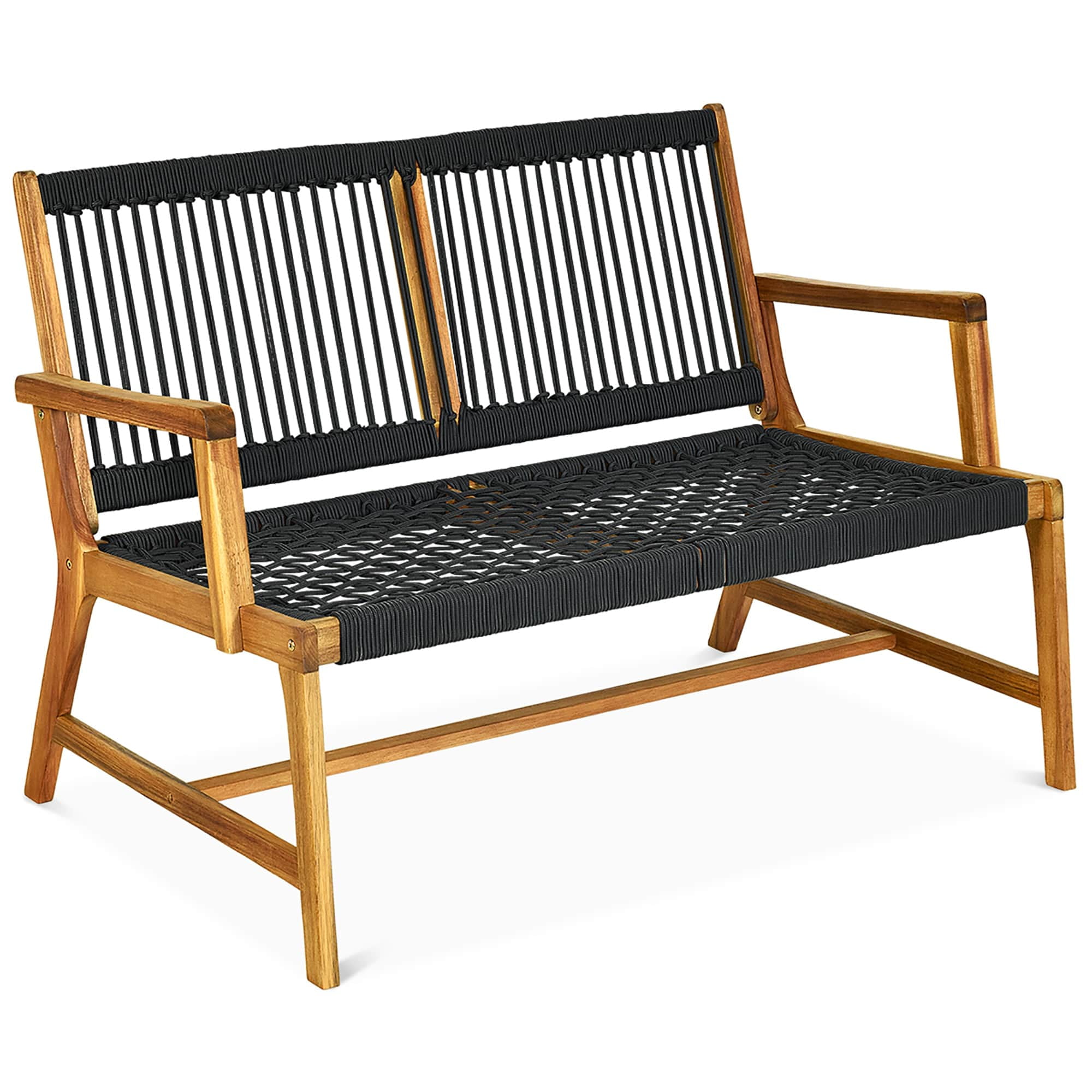 Black Acacia Wood and Rope 2-Person Patio Bench