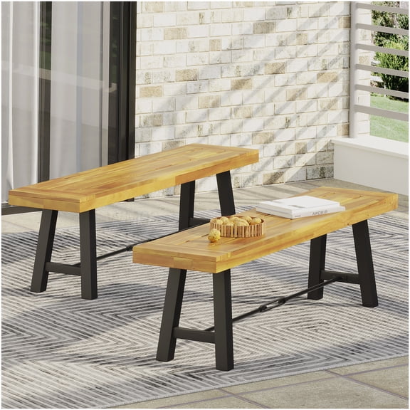 Outdoor Wood Bench, Acacia Teak Patio Seating with Weather Resistant Design for Garden and Lawn