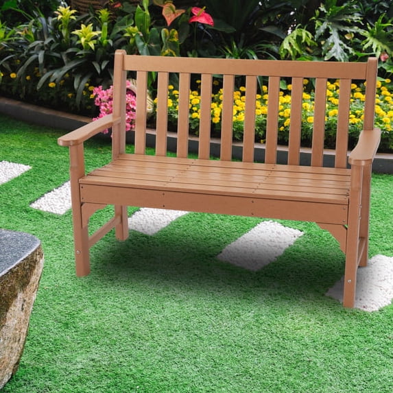 Outdoor Wood Bench, Two Person Solid Wood Garden Bench w/Backrest and Wide Armrest, Large Bench for Patio Porch Poolside Balcony, 49.21" L x 23.82" W x 35.24" H (Teak)