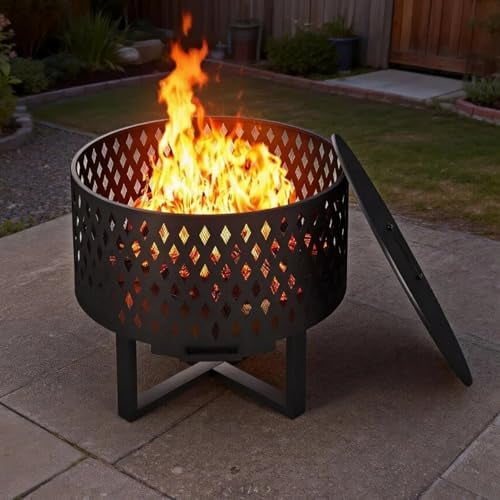 Outdoor Wood Burning Fire Pit with Lid and Poker, 21" Square Burn Cage for Trash and Leaves, Heavy Duty Firepit with Tree Design for Patio, Garden, Backyard and Camping (Round, 23.6 Inch)
