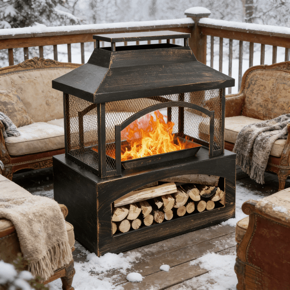 Outdoor Wood Burning Fireplace 33In Rectangular Metal Tower Chimney Mesh Screen Built In Log Storage Poker Ash Pan Brushed Bronze Patio Backyard Garden Large Steel Fire Pit Heavy Duty With Cover Pro