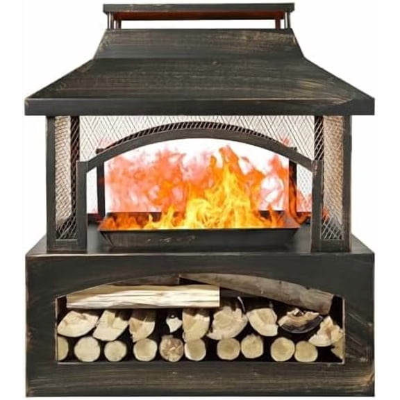Outdoor Wood Burning Fireplace, Black Steel, 32.3x17.7x36.8 Inch, with Log Storage, Mesh Screen, Chimney Design, Fire Pit for , Backyard$$Garden &