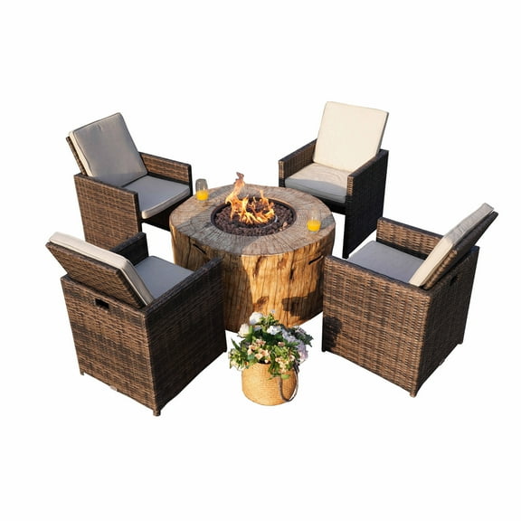 Outdoor Wood Coating Fire Pit Table with Four Rattan Chairs
