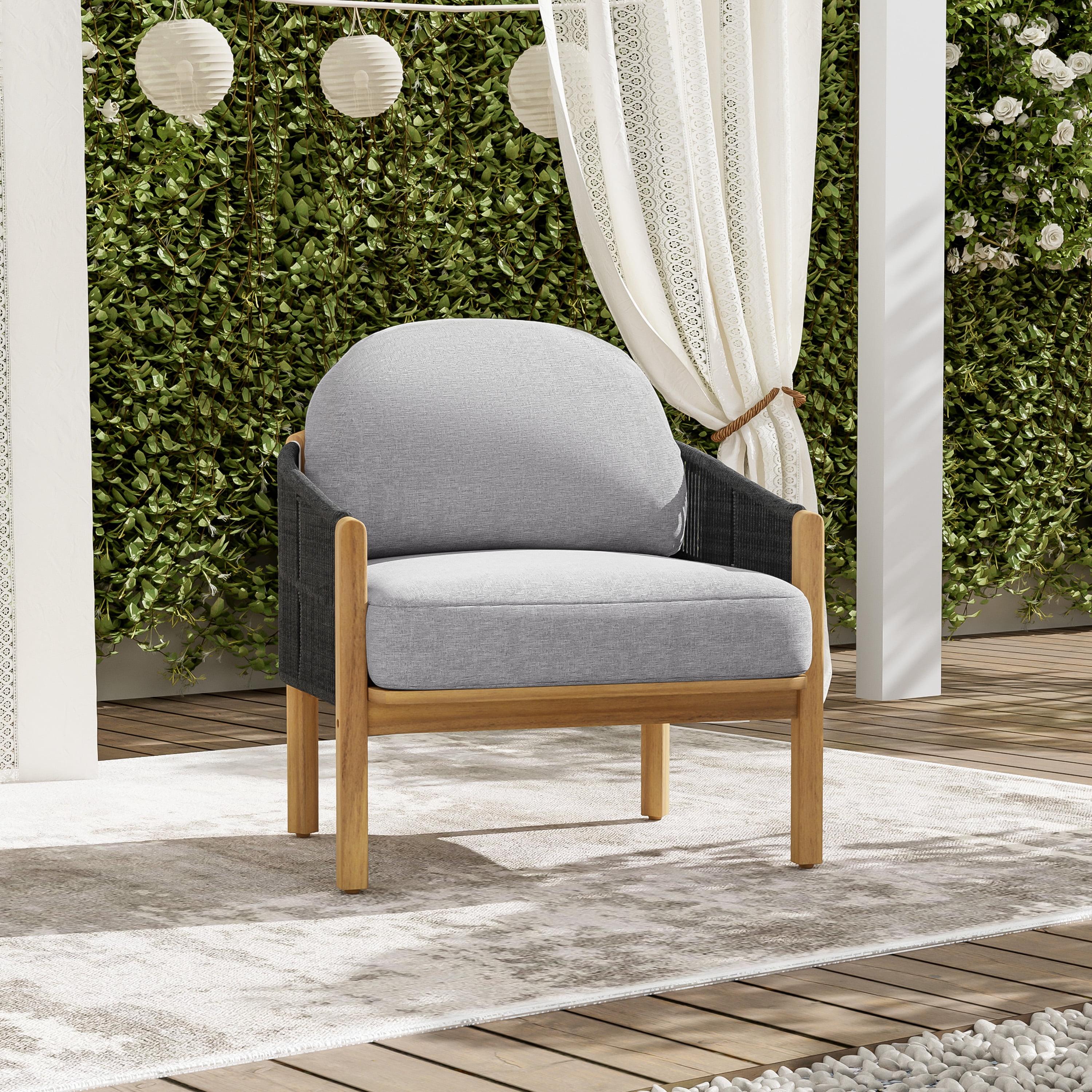 Outdoor Wood Frame Club Chair with Dark Gray Rope with Gray Cushion for Patio Garden Deck, Teak