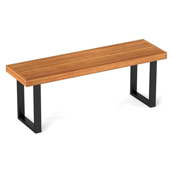 Outdoor Wood - Garden Patio Dining w/Slatted Seat, Metal Legs, 2-Person Backless Picnic Loveseat, Farmhouse Indoor Outdoor Furniture for Entryway Deck Park Porch (1)