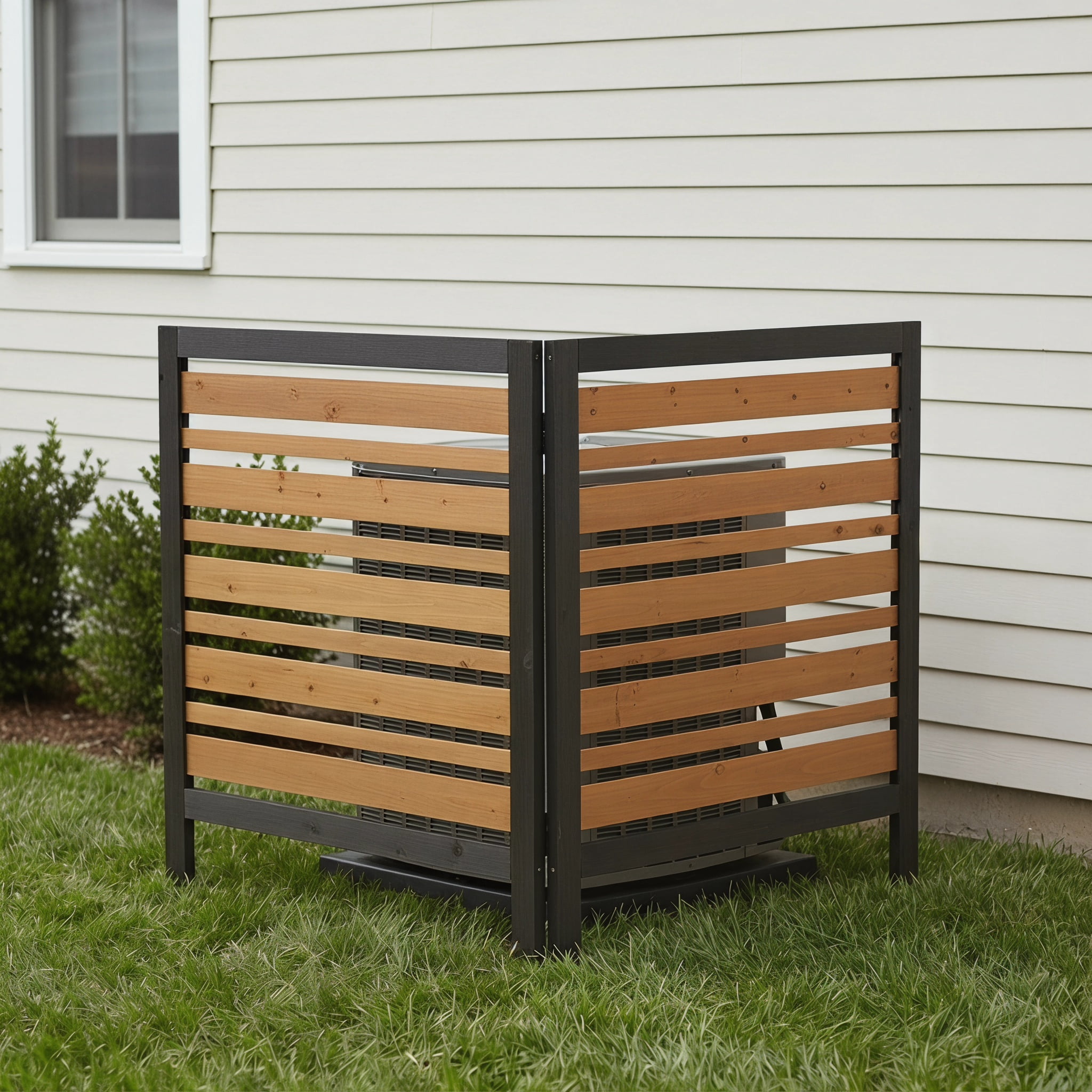 Outdoor Wood Privacy Fence 2-Panel 38W x 42H, Solid Wood Air Conditioner Screen with Slat Spacing for AC Unit Trash Can Pool Pump Enclosure, Black and Gold