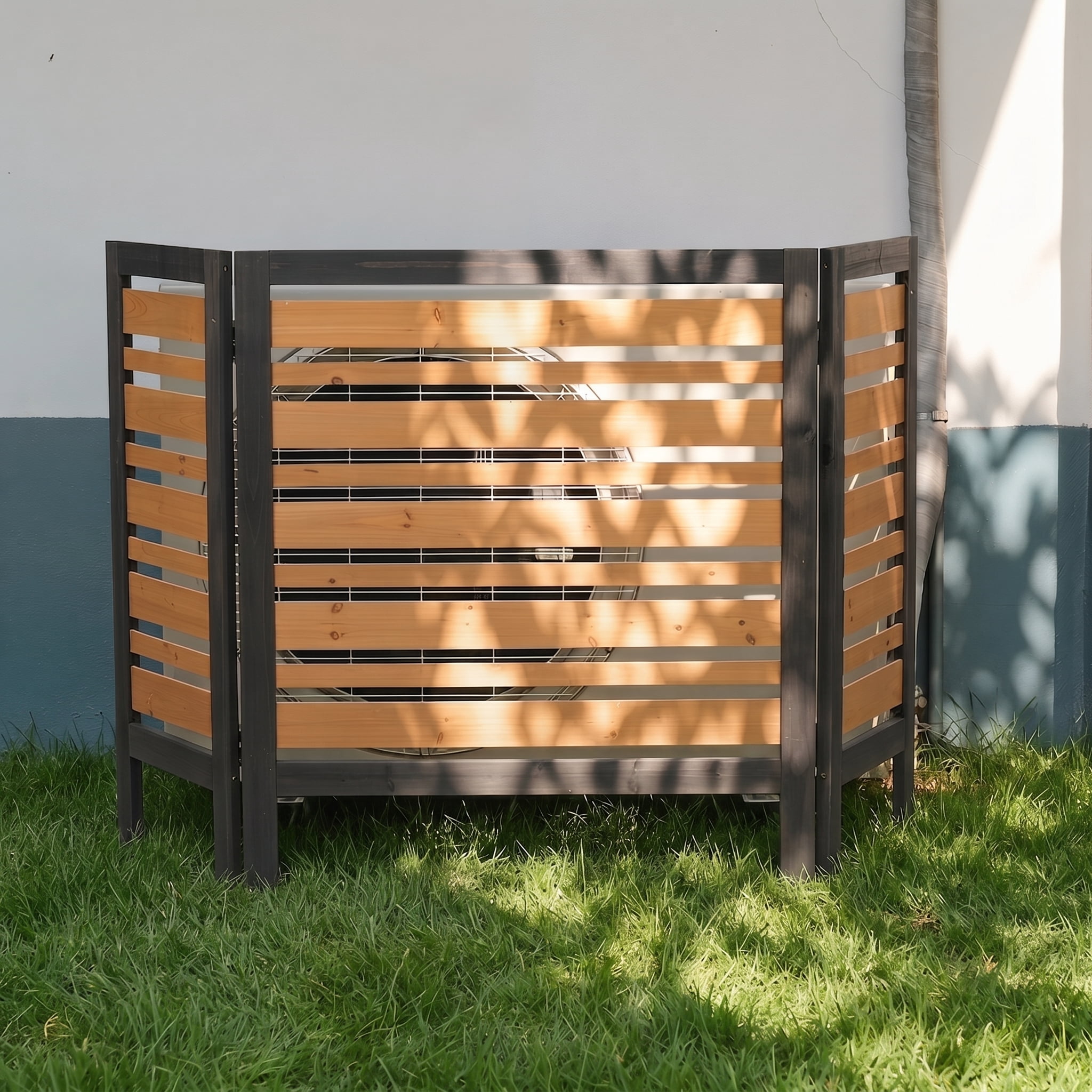 Outdoor Wood Privacy Fence 3-Panel 38W x 42H, Solid Wood Air Conditioner Screen with Slat Spacing for AC Unit Trash Can Pool Pump Enclosure, Black and Gold