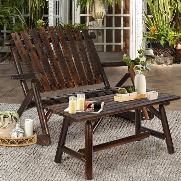 Outdoor Wood Rocking Bench Set, Patio Bistro Set - 2 Person Rustic Adirondack Log Rocker with Side Table, Slatted Seat/High Backrest, Patio Rocking Furniture Set for Garden, Carbonized