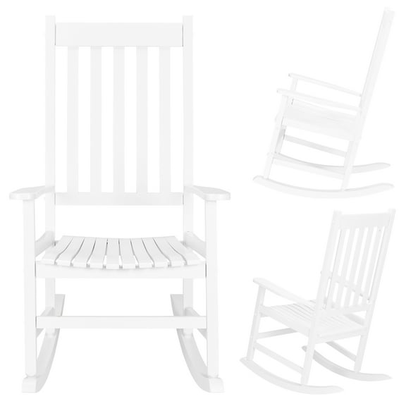 Outdoor Wood Rocking Chair, Wooden Patio Rocking Chair with Comfortable Backrest, Weatherproof Patio Rocker for Patio Garden Yard Balcony Poolside, White