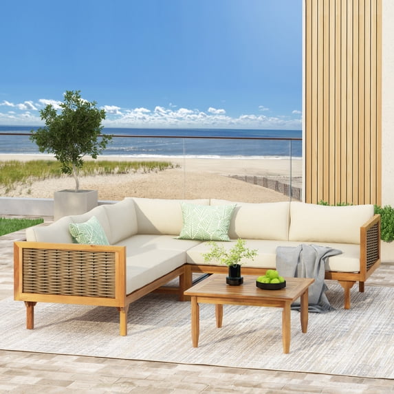 Outdoor Wood Sofa Set, Wood Structure Furniture Sectional Sofa Set, Patio Sectional Seating Group with Coffee Table and Soft Cushions (Brown Mix,Teak+ Beige)
