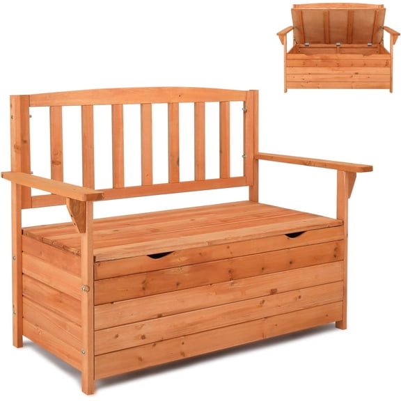 Outdoor Wood Storage Bench, Wooden Large Deck Box with Seating & Armrest, Waterproof Patio Organizer Loveseat for Garden Porch Deck Backyard Poolside, Natural