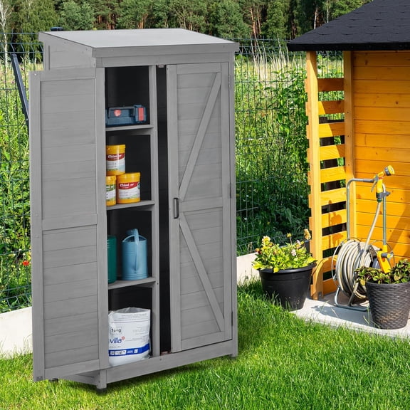 Outdoor Wood Storage Cabinet with Metal Top 68" Tall Cedar Garden Storage Shed with Shelves & Lockable Doors for Yard, Patio, Garage