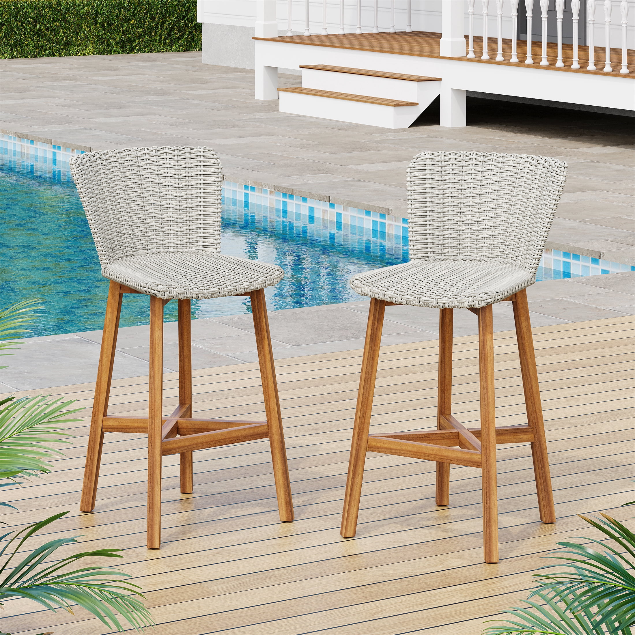 Outdoor Wood Wicker Bar Stools Set of 2 for Patio Bar, Teak