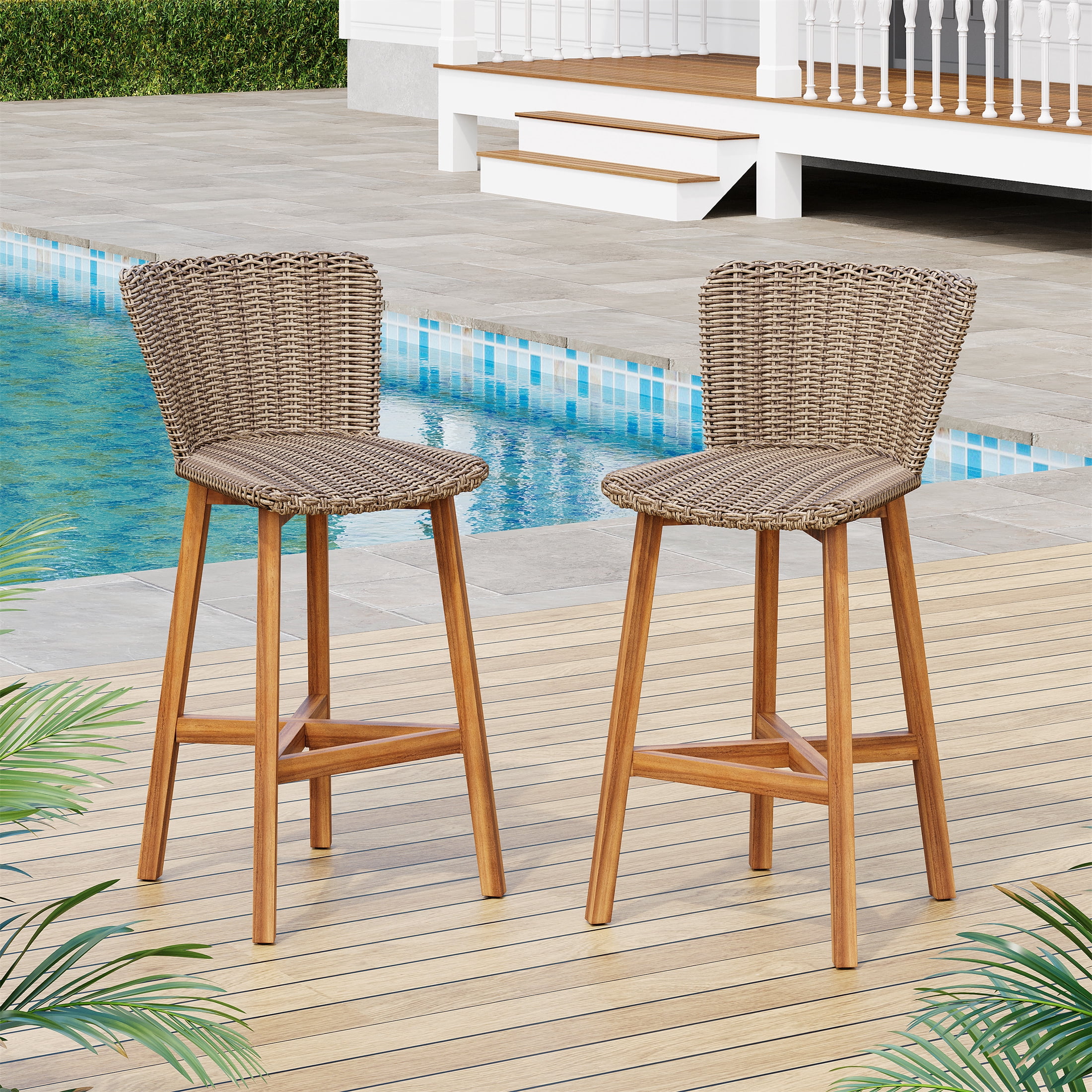 Outdoor Wood Wicker Bar Stools Set of 2 for Patio Bar, Teak