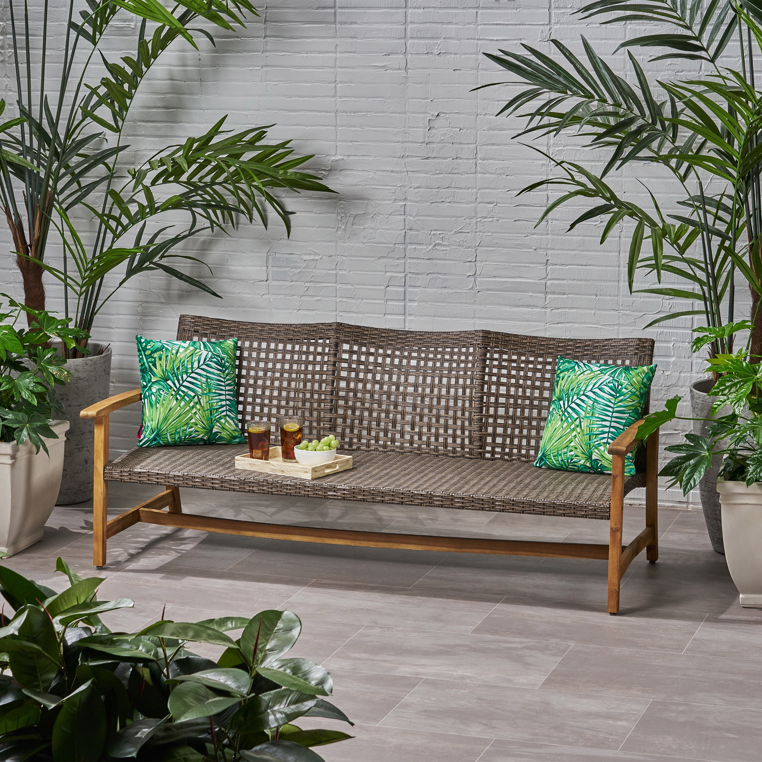 Outdoor Wood Woven Combined 3 Seater Sofa, Large Leisure Couch for Patio Garden, Multi Brown and Gray