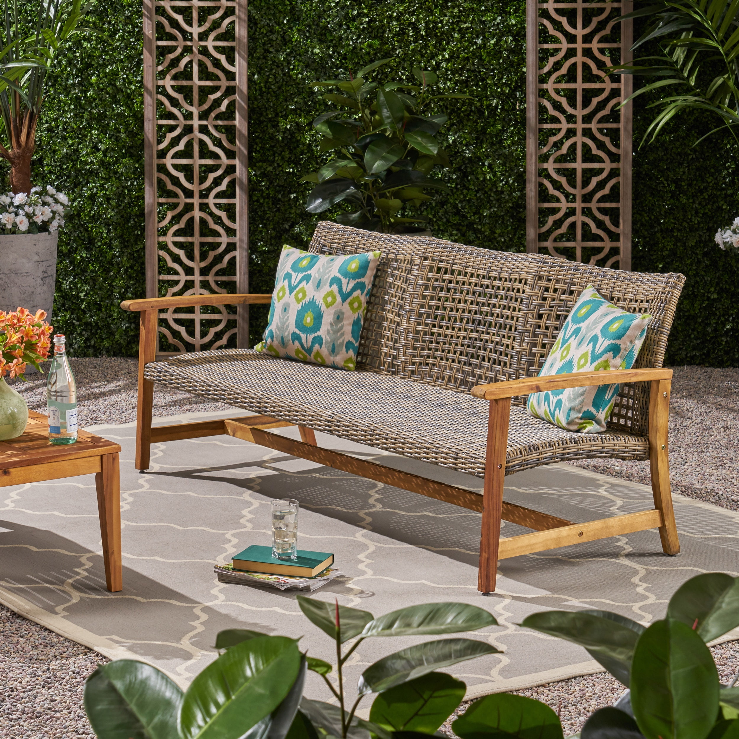 Outdoor Wood Woven Combined 3 Seater Sofa, Large Leisure Couch for Patio Garden, Teak and Brown