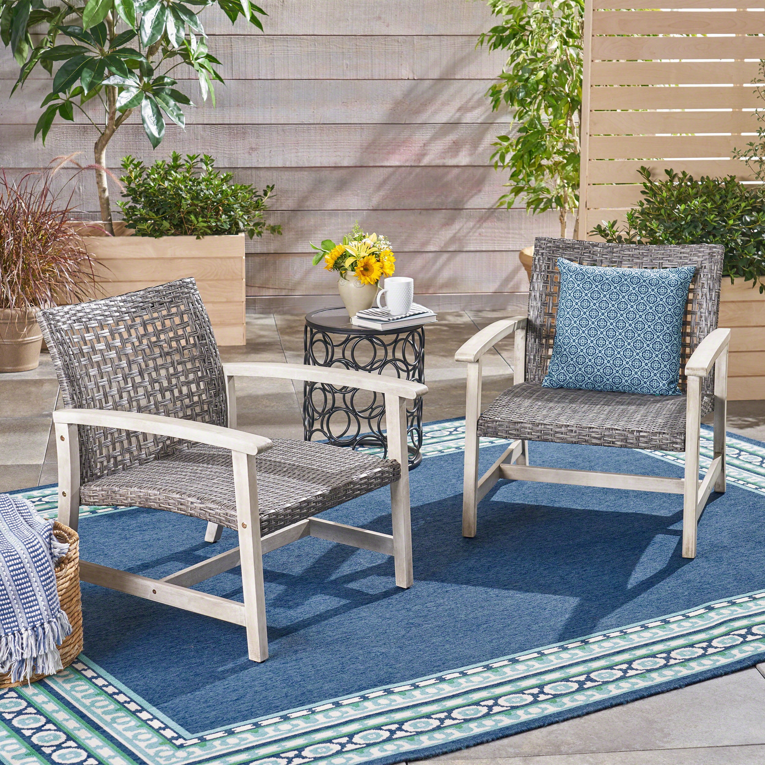 Outdoor Wood Woven Combined Club Chair Set of 2, Leisure Relax Seats for Patio Garden, Mixed Black and Light Gray Wash