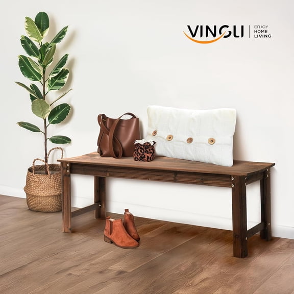 Outdoor Wood with Cushion, 48 Inch Carbonized Garden Backless for Deck