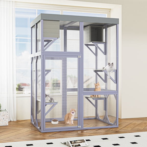 Outdoor Wooden Cat Catio Enclosure, Multi-Level with 4 Platforms, 2 Napping Houses, 2 Locks, Galvanized Mesh for Cats to Play & Rest