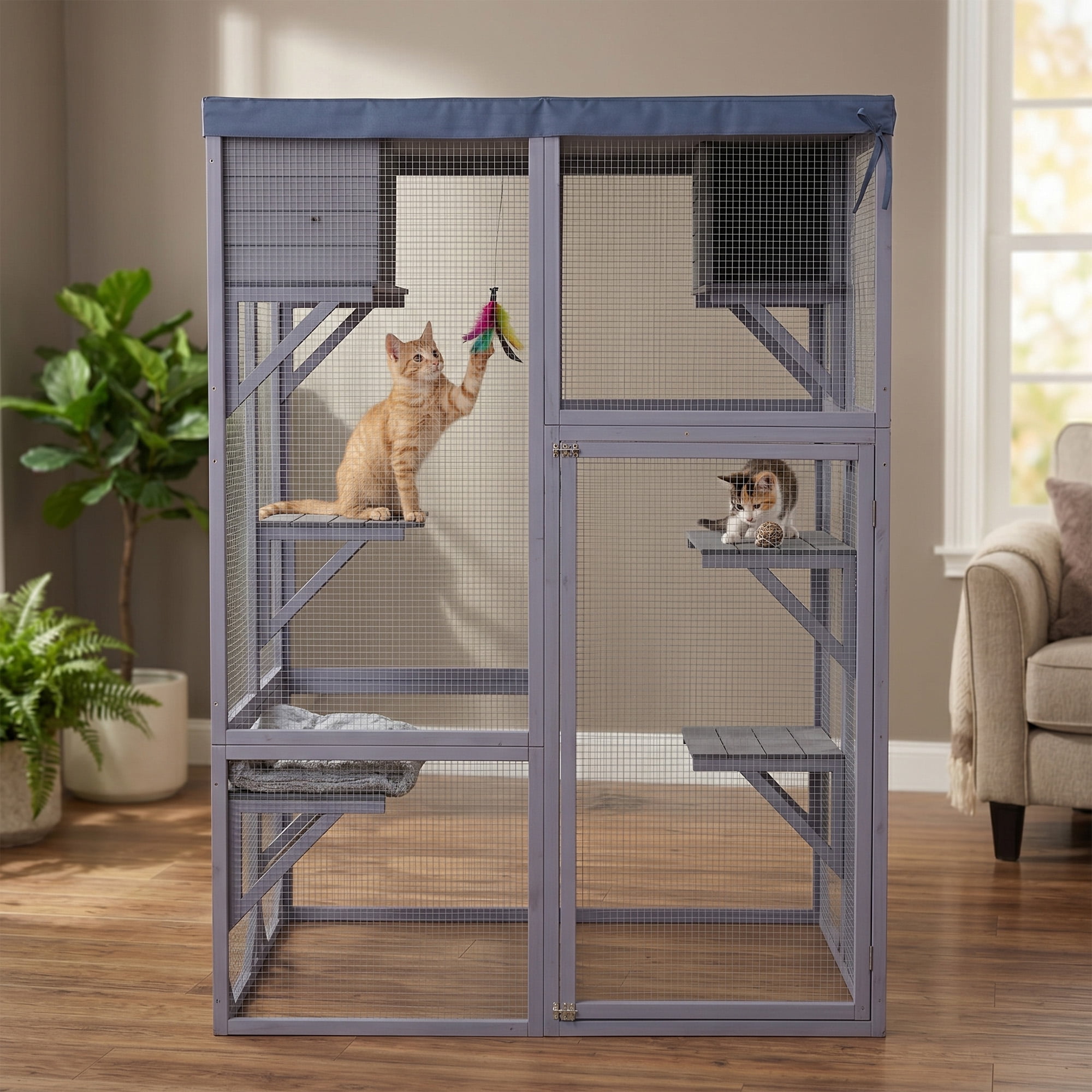 Outdoor Wooden Catio Cat Enclosure, 4 Platforms & 2 Napping Houses, 2 Strong Locks, Rounded Corner, Stepped design, Galvanized Wire