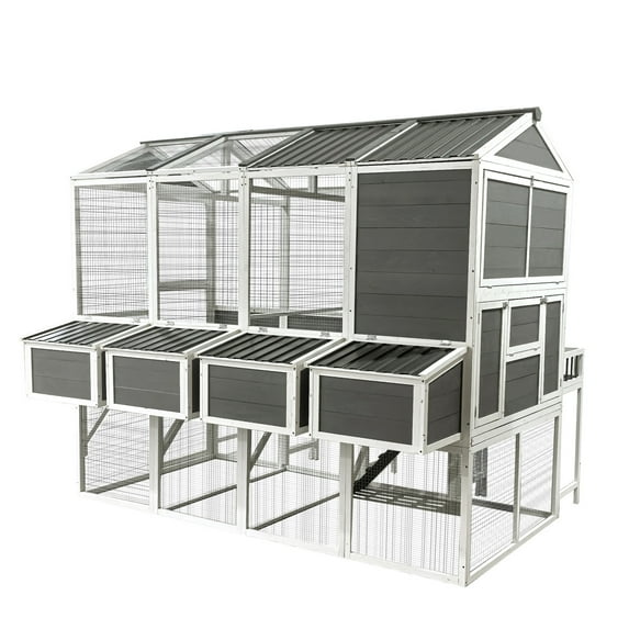 Outdoor Wooden Chicken Coop for 10 Chickens, Large Hen House Poultry Habitat Pet Hutch Run Cage with 4 Nesting Boxes, Walk in Chicken Coops Run with Ramp and Waterproof Roof, Gray