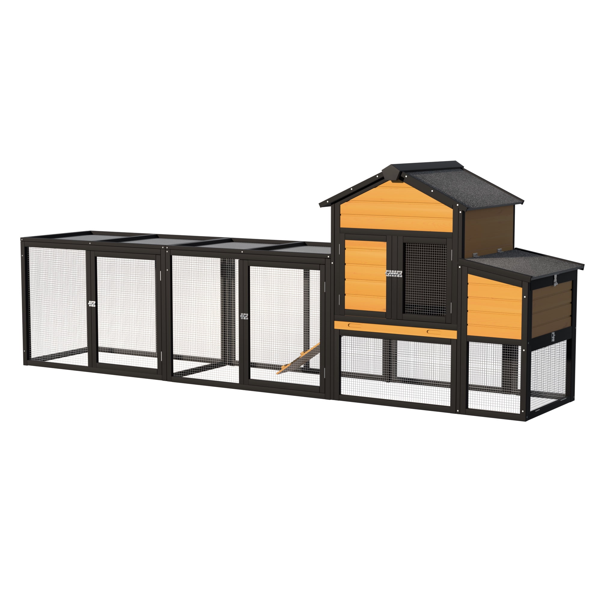 Outdoor Wooden Chicken Coop with Run, 7 Doors, Pull-Out Tray, Nesting Box & Ramp, Backyard Poultry House for 2, 4 Chickens, Expandable Design