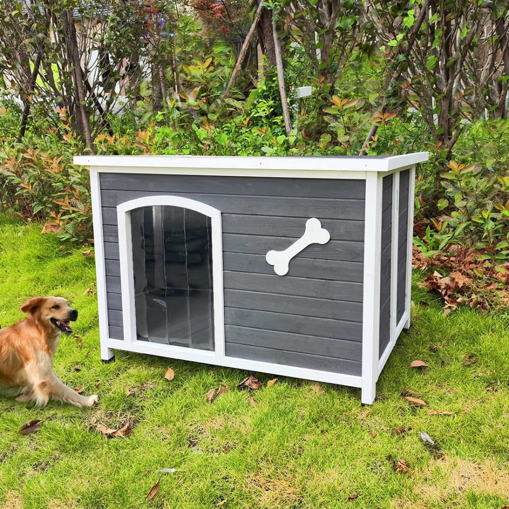 Small Gray Wooden Raised Outdoor Dog House with Door Curtain