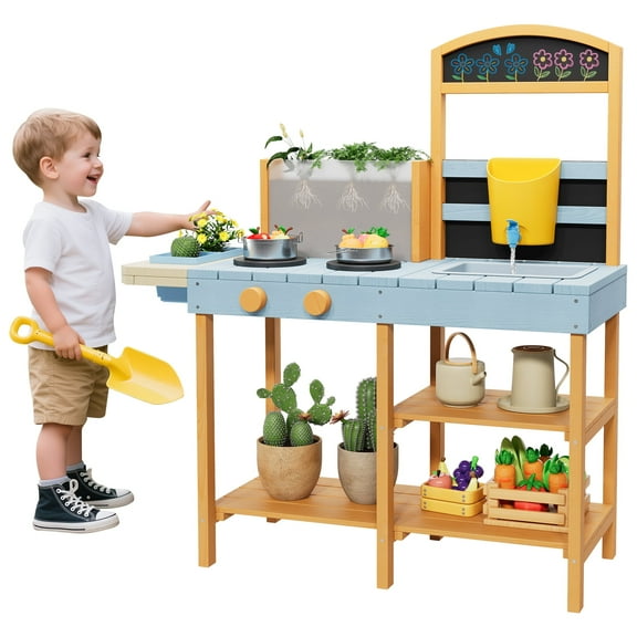 Outdoor Wooden Mud Kitchen for Kids, Pretend Play Set w/See-Through Planter Box, Realistic Sink, Stove & Chalkboard, Sensory Learning Toy Ages 3+