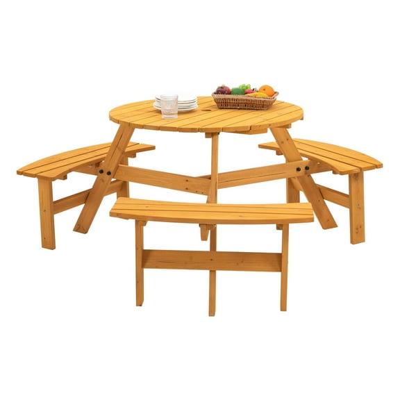 Outdoor Wooden Picnic Table with Benches - Circular Patio Furniture Set for 6/8 Person - Fir Wood - DIY Customizable - 1720lb Capacity - Natural/Gray