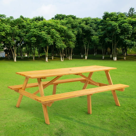 Outdoor Wooden Picnic Table with Benches for 8 People - All-Weather Design w/Umbrella Hole, Backyard & Patio Furniture