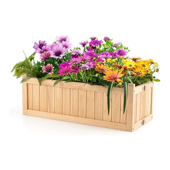 Outdoor Wooden Planter Box, Folding Raised Garden Bed W/Drainage Hole, Patio Rectangle Plant Container for Flowers Vegetables Fruits , Collapsible Planting Box for Yard