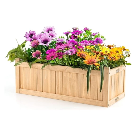 Outdoor Wooden Planter Box, Folding Raised Garden Bed W/Drainage Hole, Patio Rectangle Plant Container for Flowers Vegetables Fruits , Collapsible Planting Box for Yard