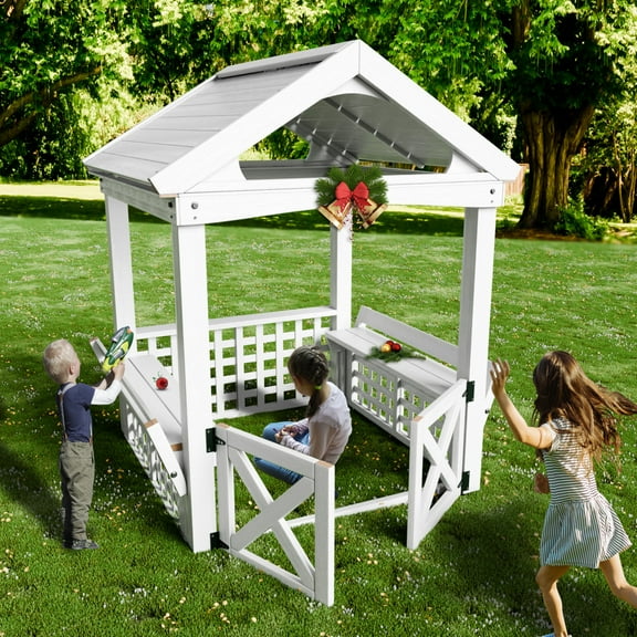 Outdoor Wooden Playhouse with and door White + Minimalist + 3 to 4 Years + Wood + Outdoor