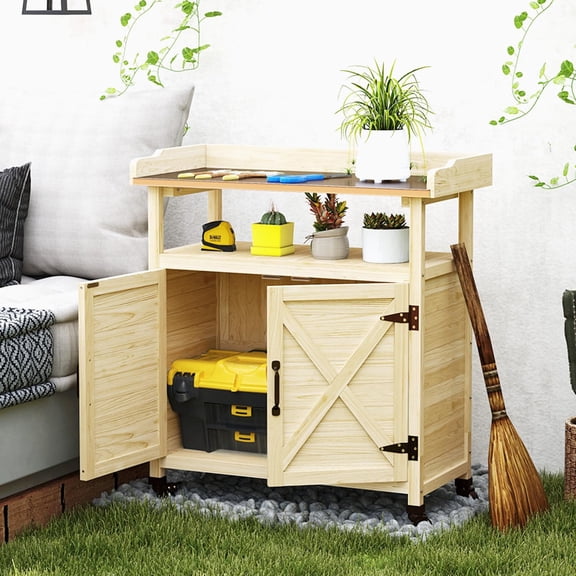 Outdoor Wooden Potting Bench Table, Garden Workbench with Storage Cabinet, Aluminum Tabletop, Rubber Wheels for Backyard, Patio, Balcony